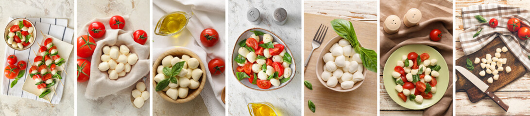 Collage with tasty mozzarella cheese, basil and tomatoes, top view
