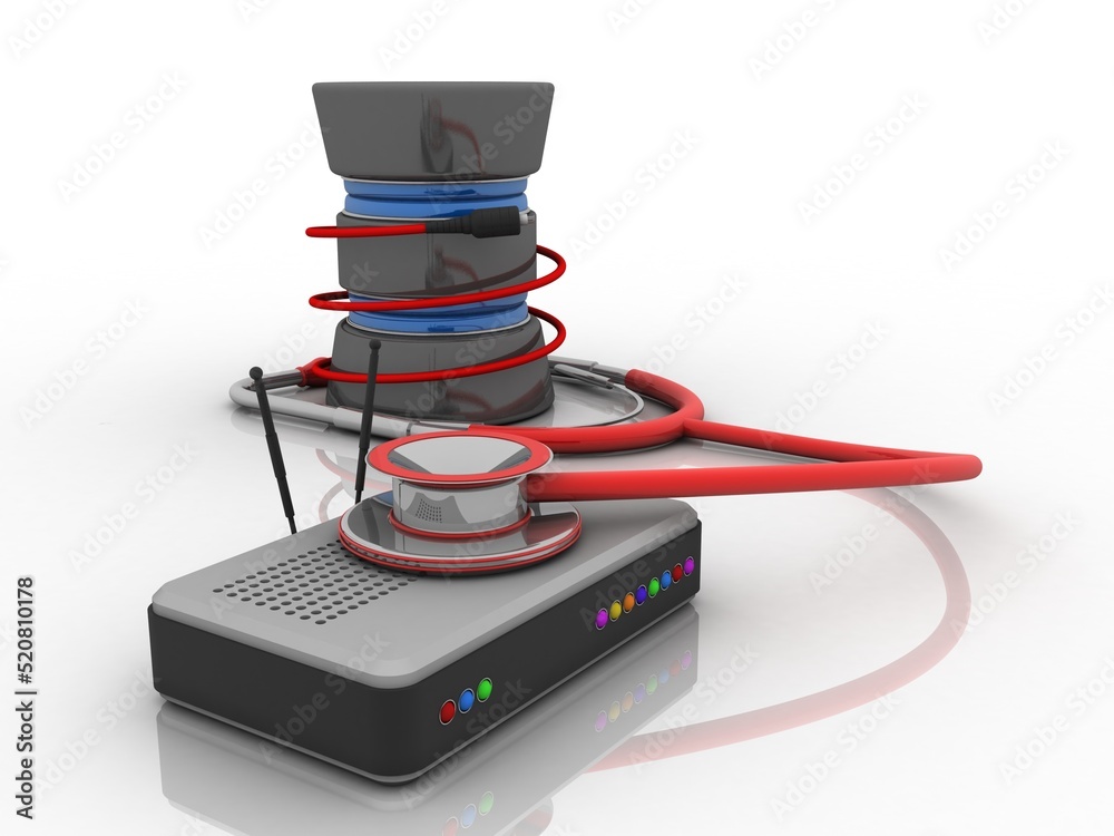 Poster 3d rendering transmitter wifi with stethoscope connected database