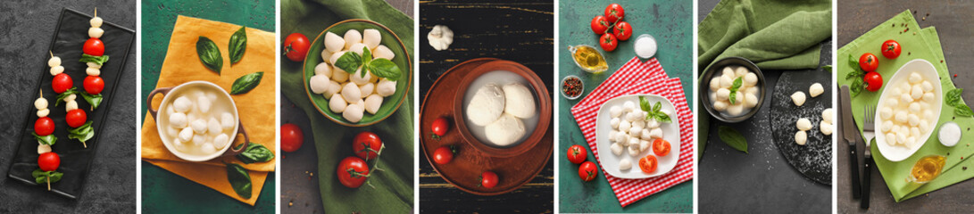 Collage with tasty mozzarella cheese, basil and tomatoes, top view