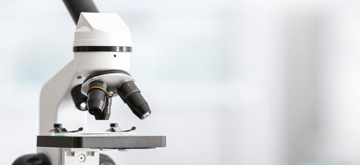 Modern microscope in scientific laboratory, closeup