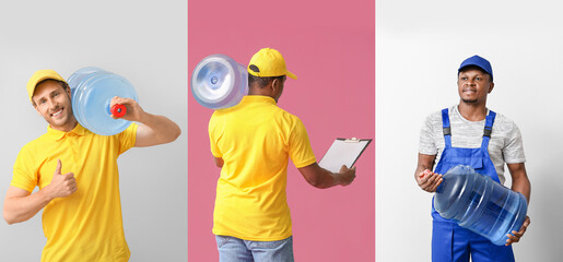 Set of delivery men with bottles of water on color background