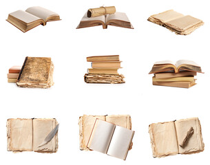 Set of old books on white background