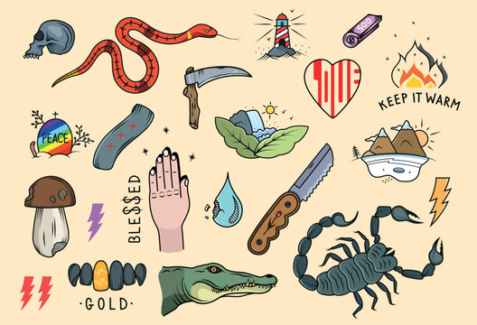 Illustration tattoo colored, doodle and vintage icons 