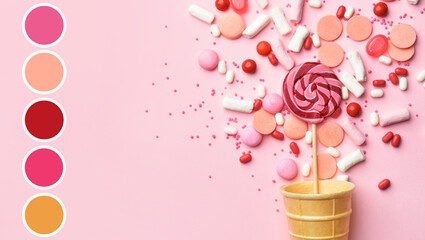 Waffle cone with tasty sweets on pink background. Different color patterns