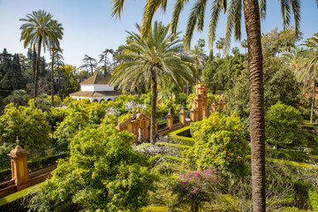 Fototapeta na wymiar Beautiful formal public garden inside Alcazar Seville palace in summertime in Andalusia