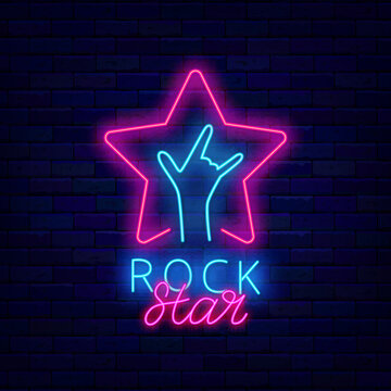 Rock star neon signboard. Star shape and man hand. Talent show. Metal rock music. Light sign. Vector stock illustration