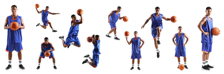 Set of young African-American basketball player on white background
