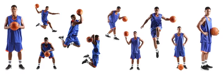 Fotobehang Set of young African-American basketball player on white background © Pixel-Shot