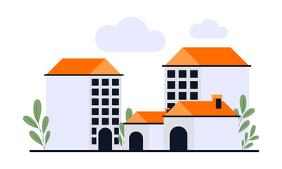 Flat vector illustration of urban road landscape street with city office house buildings. Vector illustration