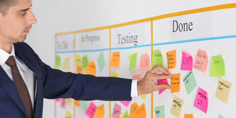 Businessman attaching sticky note to scrum task board in office