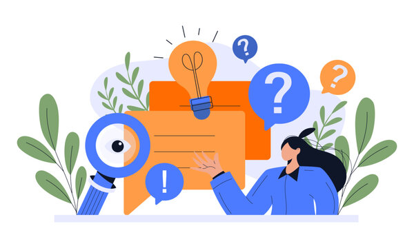 FAQ concept illustration. people looking through magnifying glass at interrogation point. searching solutions, useful information, customer support, solving problem. Vector illustration