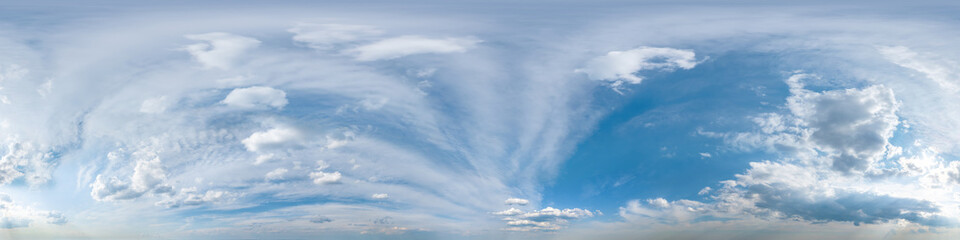 Obraz premium Seamless overcast blue sky hdri panorama 360 degrees angle view with zenith and beautiful clouds for use in 3d graphics as sky replacement and sky dome or edit drone shot