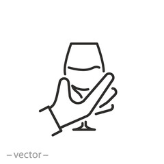 sommelier icon, tasting wine, hand holding alcohol drink, winery expert, thin line symbol on white background - editable stroke vector illustration - obrazy, fototapety, plakaty