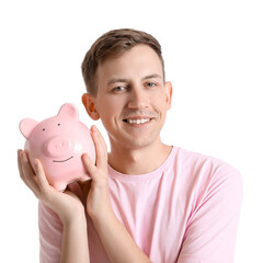 Fototapeta na wymiar Young man with pink piggy bank on white background