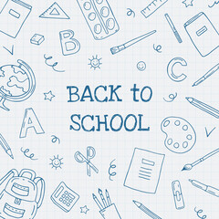 Back to school. School supplies hand-drawn doodles on the page of a notebook in a cage. Banner, greeting card. The background of a notebook in a cage.