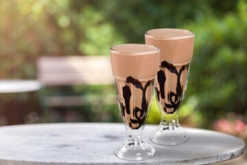 Summer holiday vacation with refreshment drink. Two ice coffee cups