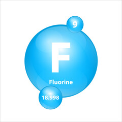 Fluorine (F) icon structure chemical element round shape circle light blue. Chemical element of periodic table Sign with atomic number. Study in science for education. 3D Illustration vector. 