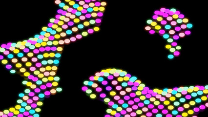 Colorful dots moving in spots on black background. Design. Moving spots of multicolored dots on black surface. Colorful dots move in spots in retro style