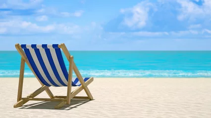  Beach chair or beach loungers on sand at the beach. Summer holiday travel vocation concept. Minimalist beach scene. © Boxyray