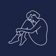 Abstract woman sitting pose on dark blue background. White outline. Concept of loneliness, depression, mental health. Vector illustration, flat design