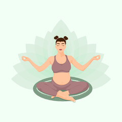 Yoga for pregnant women. Woman with closed eyes in lotus position on green background