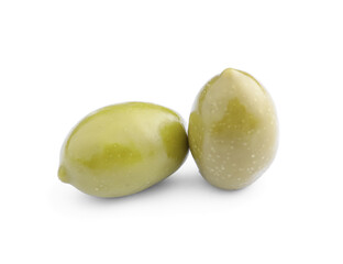 Tasty canned green olives isolated on white