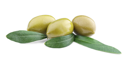 Tasty canned green olives isolated on white