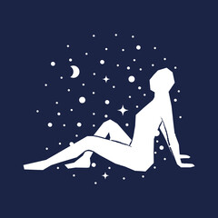 Obraz na płótnie Canvas Abstract woman sitting pose on starred dark blue sky background. Hand drawn white silhouette. Concept of astrology, fantasy, esoteric. Vector illustration, flat design