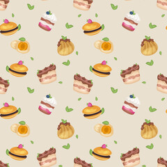 Dessert seamless pattern. Delicious trifle, dumplings, tiramisu and leaves.