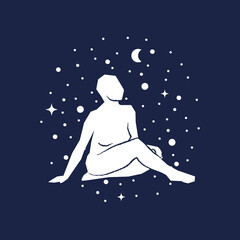 Abstract woman sitting pose on starred dark blue sky background. Hand drawn white silhouette. Concept of astrology, fantasy, esoteric. Vector illustration, flat design