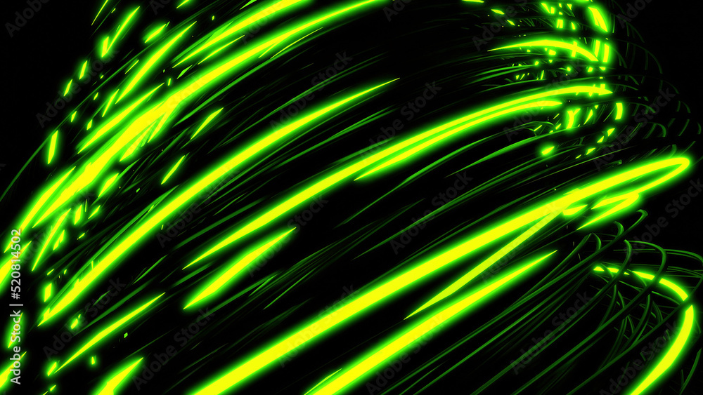 Poster rotating 3d vortex with neon lines on black background. design. side view of rotating 3d vortex. pow