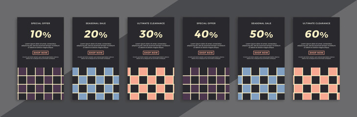 Vertical promotional web banners with trendy minimal geometric pattern. Set of trendy sale and discount promo backgrounds for social media mobile app stories. Simple vector editable background EPS 10