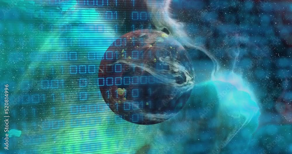 Poster animation of binary code over brown planet