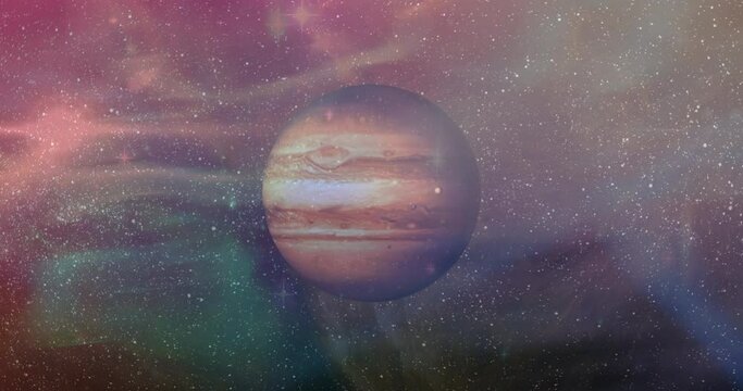 Animation of brown planet in smoky red, green and brown space