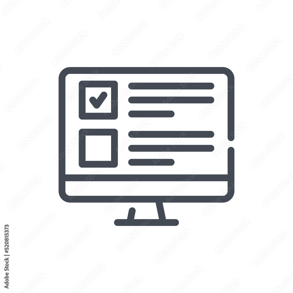 Poster online exam and survey form on computer display line icon. pc with check box and tick vector outline