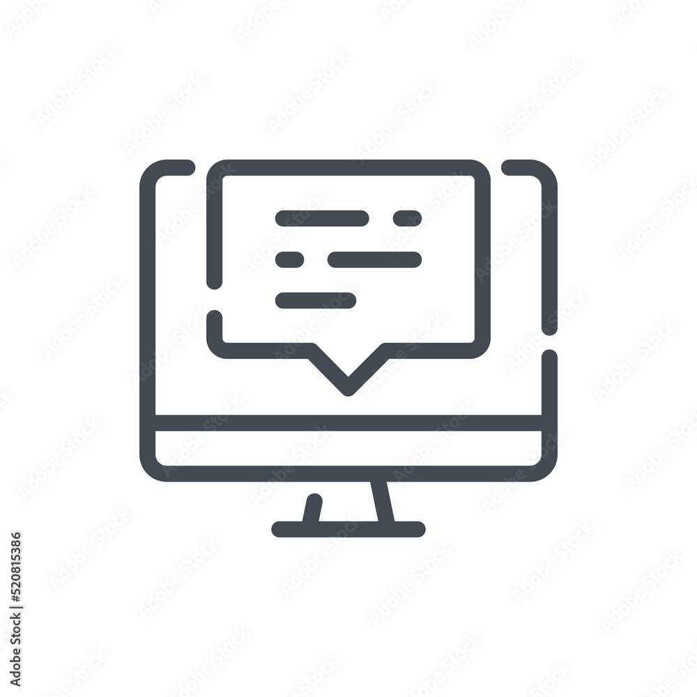 Poster online communication and new message in chat line icon. computer with chat box vector outline sign.