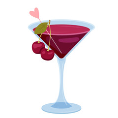 Cocktail in glass with red cherry and stick vector illustration. Cartoon isolated juice alcohol beverage preparing by barman for summer party in bar, nightclub or pub, cocktail with fresh juice berry