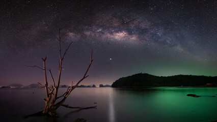 Milky way over the sea at Koh Yao Noi, tourists can travel to this island from Phang Nga, Krabi and Phuket, Thailand.