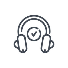 Online education and audio tutorials with check mark line icon. Headphones with check mark vector outline sign.