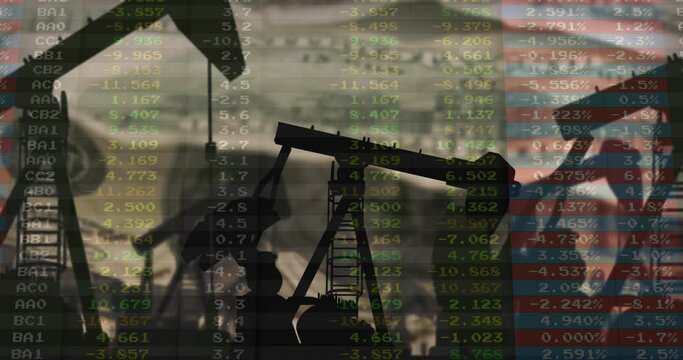 Animation of pump jacks over money and data
