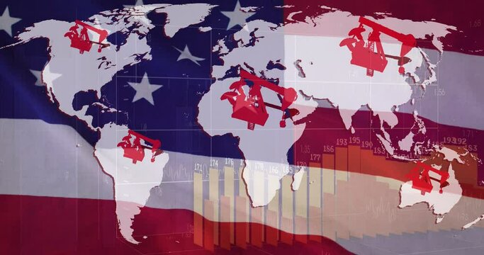Animation of pump jacks over word map and flag of usa