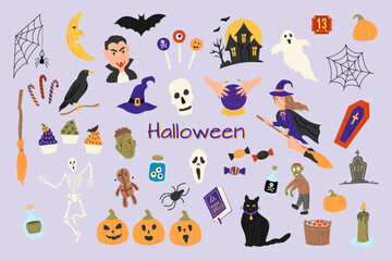 Halloween doodle vector set. Flat illustration