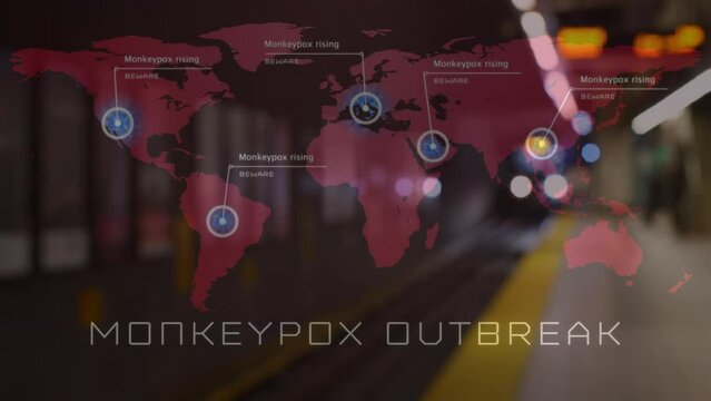 Animation of monkey pox over world map and train station