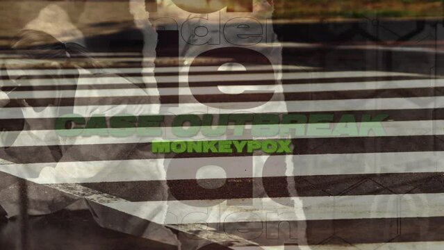 Animation of monkey pox over people walking and caucasian female lab worker