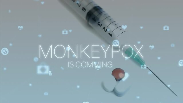 Animation of monkey pox over icons and syringe