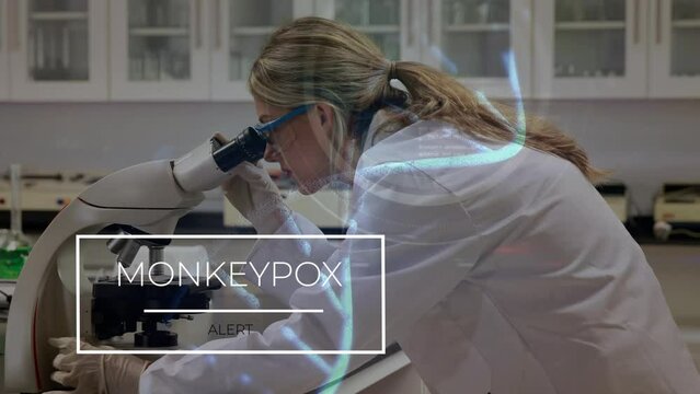 Animation of monkey pox over caucasian female lab worker with microscope