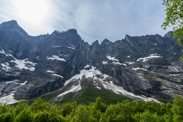 The Troll Wall (English) or Trollveggen (Norwegian),a part of the mountain massif Trolltindene (Troll Peaks) in the Romsdalen valley, Norway