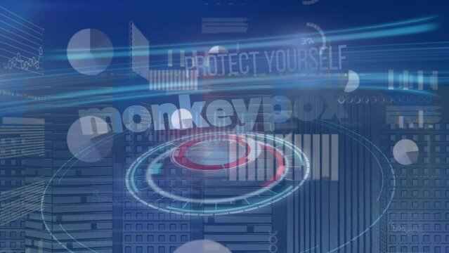 Animation of monkey pox over data, graphs and navy background
