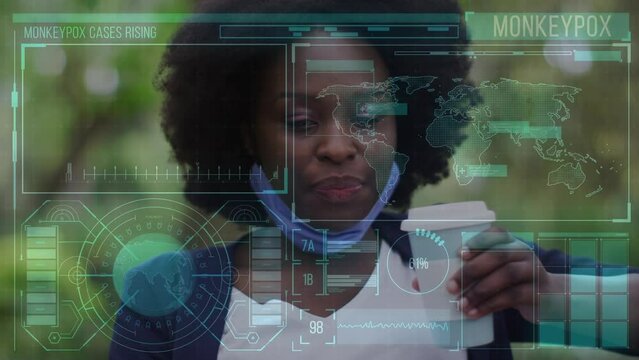 Animation of monkey pox over digtial screen with data and african american woman with coffee