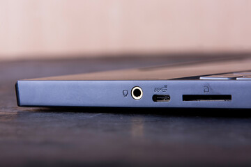 laptop close-up side view, laptop connectors close-up